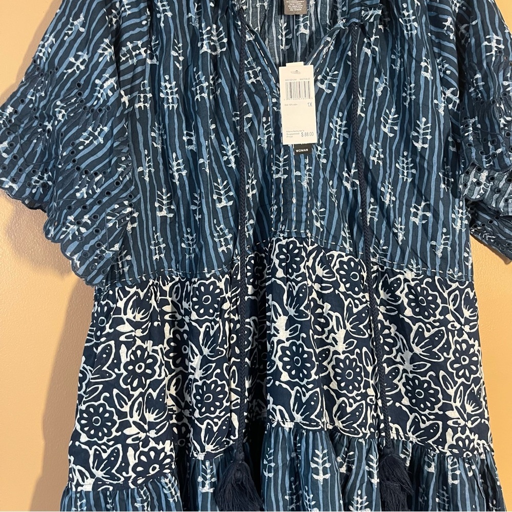 Chelsea & Theodore Blue and White Boho Dress size 1X New with tags - Picture 2 of 13